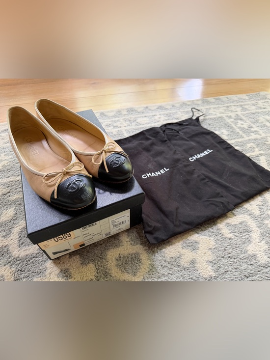 CHANEL Shoes - Chanel cap toe ballet flats 36.5 6.5 beige black